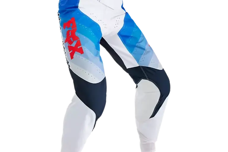 Blau-weiße 360 Fade Motocross-Hose mit roten Fox-Logo und verstärkten Kniebereichen.