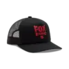 Schwarze Mesh Trucker Cap mit rotem Fox Racing Logo und atmungsaktiver Rückseite