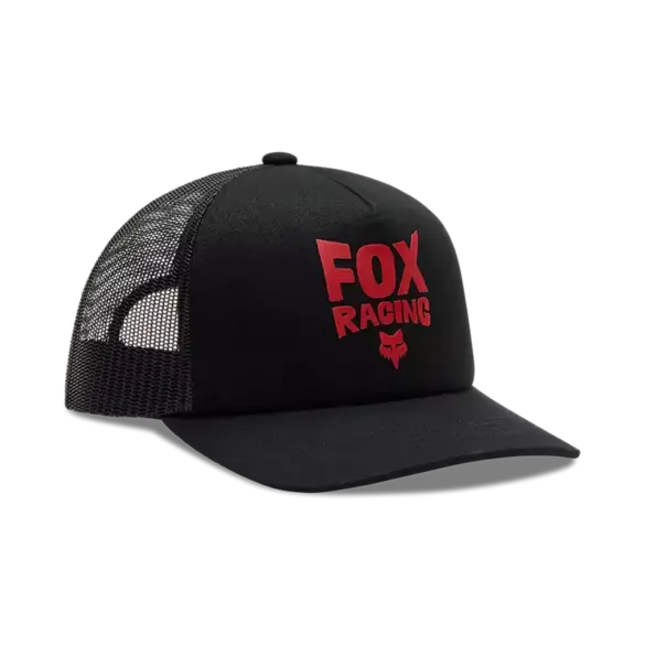 Schwarze Mesh Trucker Cap mit rotem Fox Racing Logo und atmungsaktiver Rückseite