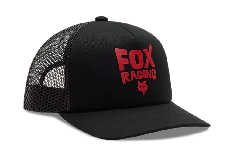 Schwarze Mesh Trucker Cap mit rotem Fox Racing Logo und atmungsaktiver Rückseite