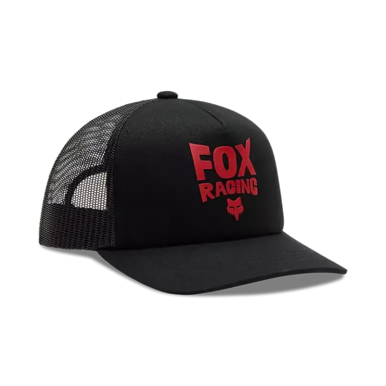 Schwarze Mesh Trucker Cap mit rotem Fox Racing Logo und atmungsaktiver Rückseite