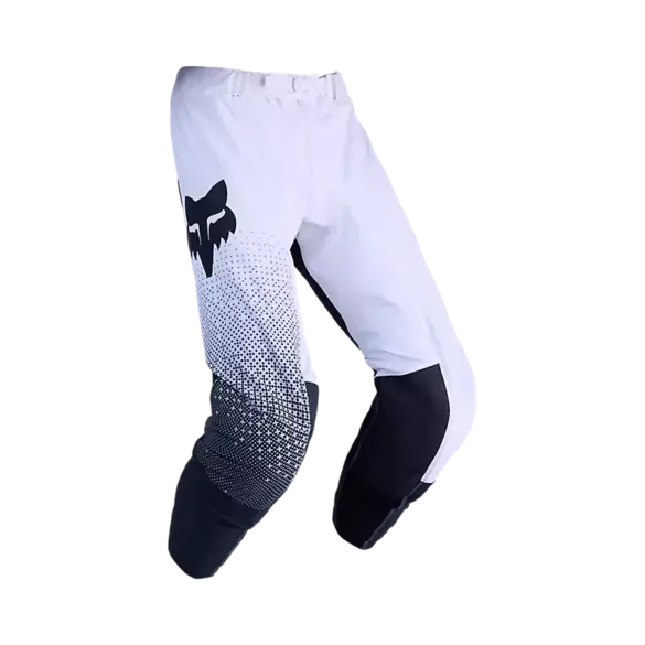 Weiße Flexair Fracture Motorradhose mit schwarzem Fox-Logo und abriebfesten Einsätzen