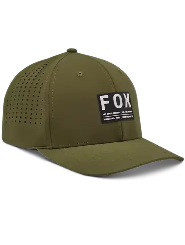 Olivgrüne FOX Flexfit-Kappe mit atmungsaktiven Perforationen und gewobenem Aufnäher seitlich vorne.