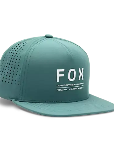 FOX Non Stop Funktions-Snapback-Kappe mit Perforationen und weißem Logo-Druck auf der Vorderseite.