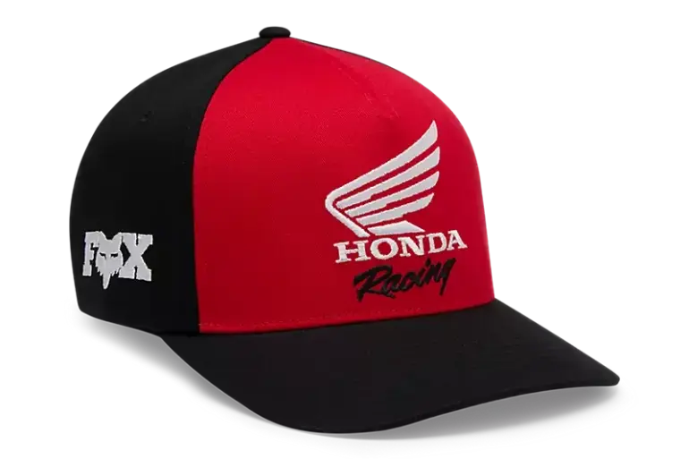 Rote und schwarze Flexfit-Cap mit Honda Racing Stickerei und Fox-Logo seitlich.