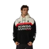 Modell trägt einen Honda Heavyweight Pullover Hoodie in Schwarz mit weißen und roten Akzenten, Honda- und Fox-Logos auf der Brust, klassischen Motorsport-Grafiken und Kapuze.