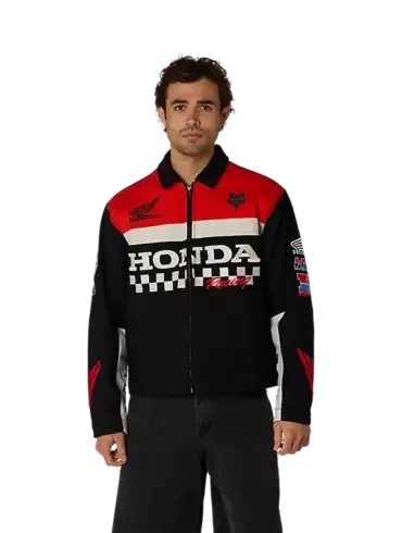Honda Work Jacke mit rot-schwarz-weißem Design, großem Honda-Schriftzug und Logos auf Brust und Ärmeln