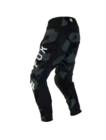 Schwarze Fox Racing 180 Bnkr Crosshose mit Camouflage-Muster und weißen Logos von der Seite