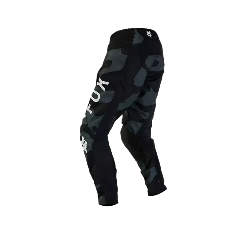 Schwarze Fox Racing 180 Bnkr Crosshose mit Camouflage-Muster und weißen Logos von der Seite