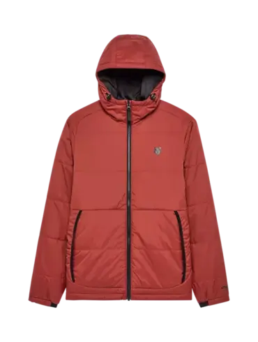 Rostbraune Ridgeway Jacke mit Kapuze und Reißverschluss, Vorderansicht auf weißem Hintergrund.