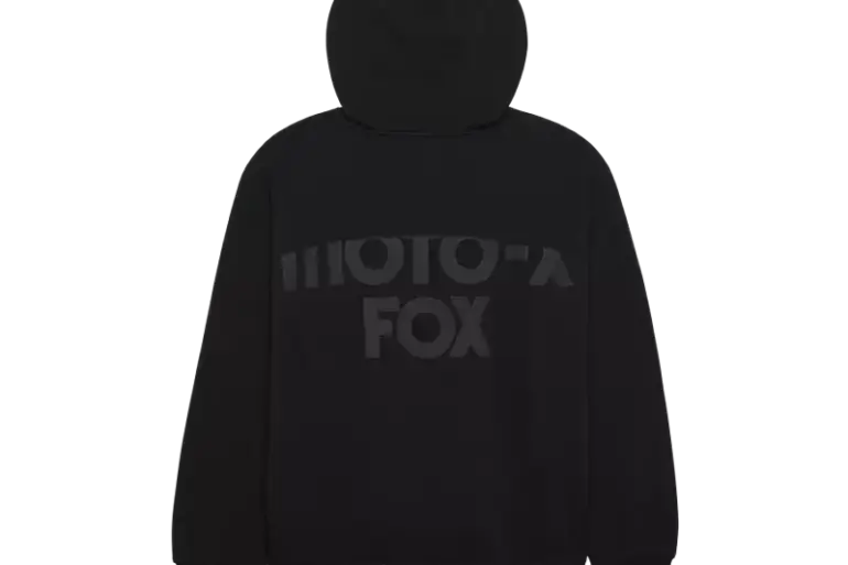 Schwarzer Oversized Kapuzenpullover Moto-X von Fox mit markantem Logo auf dem Rücken.