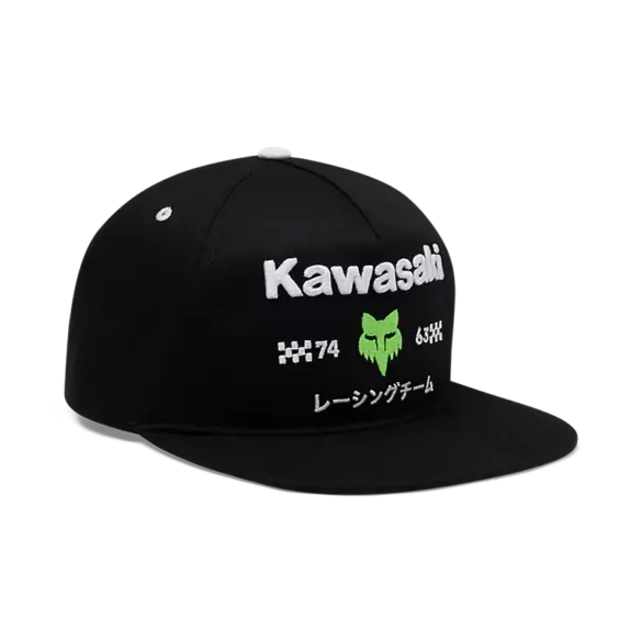 Kawasaki Snapback Cap mit weißem Schriftzug, grünem Logo und Stickerei auf der Vorderseite