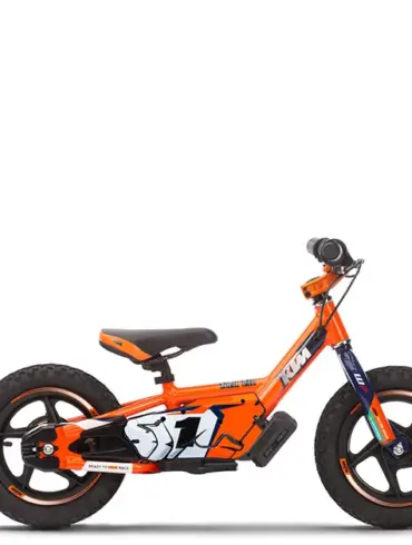 KTM SX-E 1.12 Elektro-Laufrad in Orange im Profil, speziell für Kinder