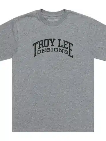 Grau meliertes Troy Lee Designs Kurzarm-T-Shirt mit schwarzem Logo-Schriftzug auf der Brust
