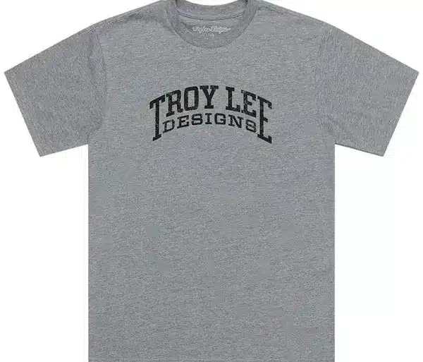 Grau meliertes Troy Lee Designs Kurzarm-T-Shirt mit schwarzem Logo-Schriftzug auf der Brust
