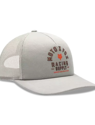 Hellgrauer Truckerhut mit Mesh-Rückseite und Moto-X-Print, Modell für Frauen von Fox Racing.