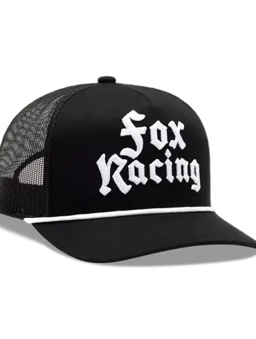 Schwarzes Fox Racing New Age Mesh Trucker Cap mit weißem Schriftzug und Seildetail