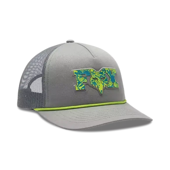 Hellgraue Trucker Cap mit auffälligem Fox Head Logo, Seildetail und Mesh-Einsatz, inspiriert vom Motocross