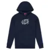 Dunkelblauer Hoodie mit weißem Abzeichen-Logo von Troy Lee Designs, Kapuze und Kängurutasche