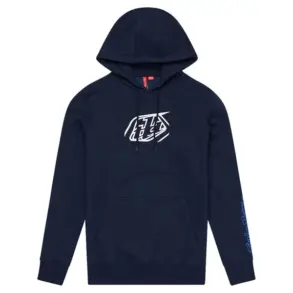Dunkelblauer Hoodie mit weißem Abzeichen-Logo von Troy Lee Designs, Kapuze und Kängurutasche