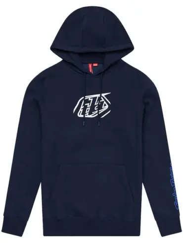 Dunkelblauer Hoodie mit weißem Abzeichen-Logo von Troy Lee Designs, Kapuze und Kängurutasche