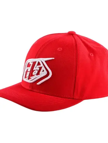 Rote Snapback-Mütze Crop mit weißem Troy Lee Designs-Logo, seitliche Ansicht