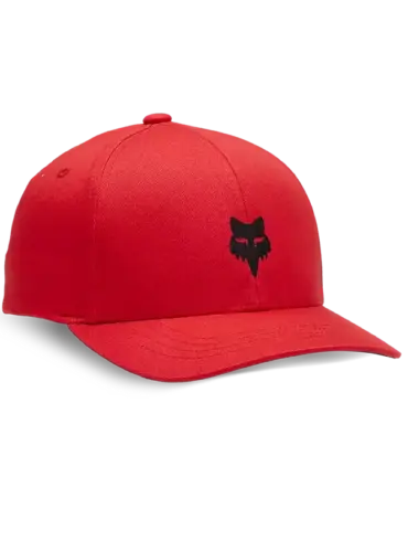 Rote Snapback-Kappe mit mittigem schwarzen Logo und gebogenem Schirm.