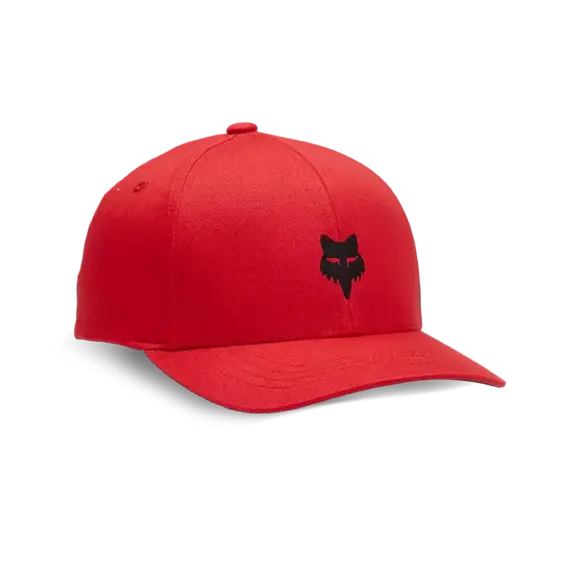Rote Snapback-Kappe mit mittigem schwarzen Logo und gebogenem Schirm.