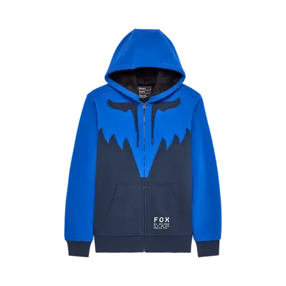 Blauer Fox Spire Sasquatch Kapuzenpullover mit Kunstpelzfutter und Reißverschluss.