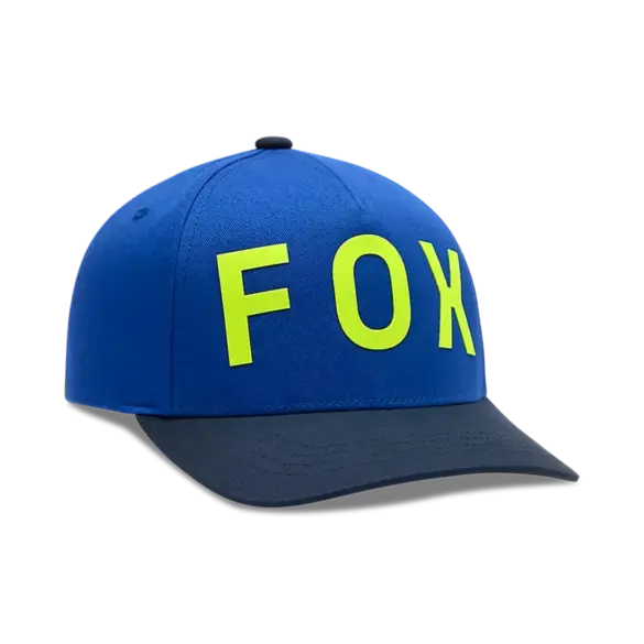 Blaue Snapback Cap mit gelbem Fox-Logo und schwarzem Schirm