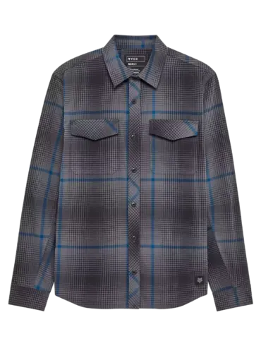 Fox Racing Survivalist Fire Langarm-Flanellhemd in Grau mit blauem Karomuster, Vorderansicht