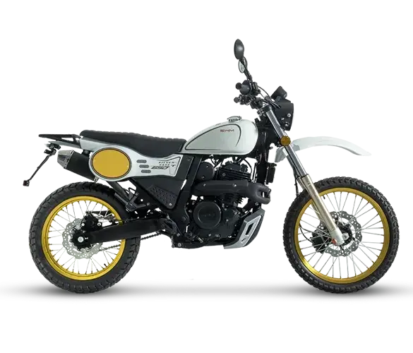 SWM Silver Vase T 650 Motorrad mit goldenen Felgen in Seitenansicht vor weißem Hintergrund