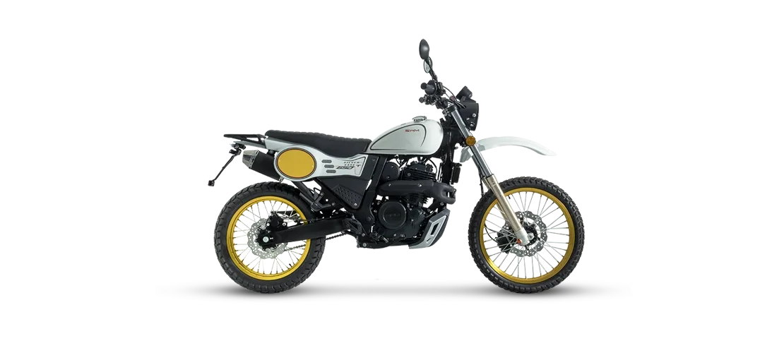 SWM Silver Vase T 650 Motorrad mit goldenen Felgen in Seitenansicht vor weißem Hintergrund