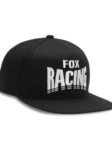 Schwarze Fox Racing Snapback-Cap mit gesticktem weißen Schriftzug auf der Vorderseite