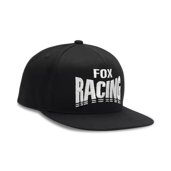 Schwarze Fox Racing Snapback-Cap mit gesticktem weißen Schriftzug auf der Vorderseite