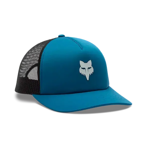 Blaue Trucker-Kappe mit schwarzem Mesh-Einsatz und Fox-Logo, Seitenansicht