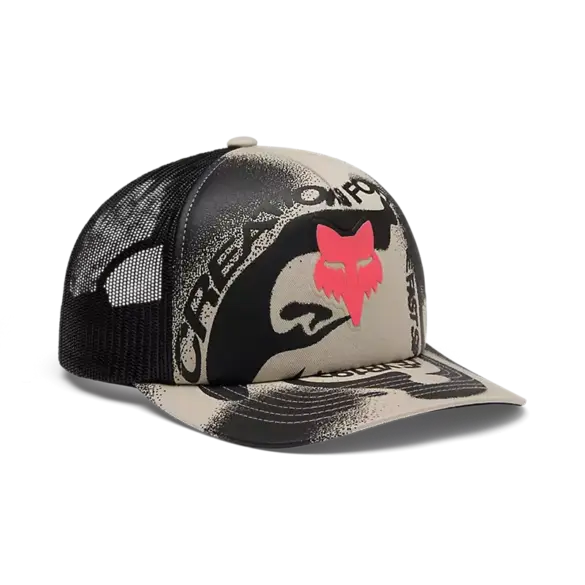 Vision Mesh Trucker Cap in hellem Kreideweiß mit auffälligem Allover-Print und rotem Fox‑Head‑Logo, seitlich aufgenommen.