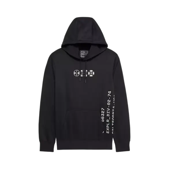 Schwarzer Hoodie mit grafischen Elementen an Brust und Ärmel, großzügiger Kängurutasche und verstellbaren Kordelzügen