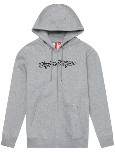 Grauer Zip Up Hoodie Signature Grey Heather von Troy Lee Designs, mit durchgehendem Reißverschluss und Logo auf der Brust