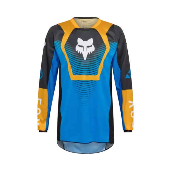 FOX 180 Collect Jersey in Blau-Gelb mit charakteristischem Fuchs-Logo und verlängertem Rückenteil.