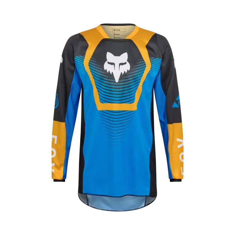 FOX 180 Collect Jersey in Blau-Gelb mit charakteristischem Fuchs-Logo und verlängertem Rückenteil.