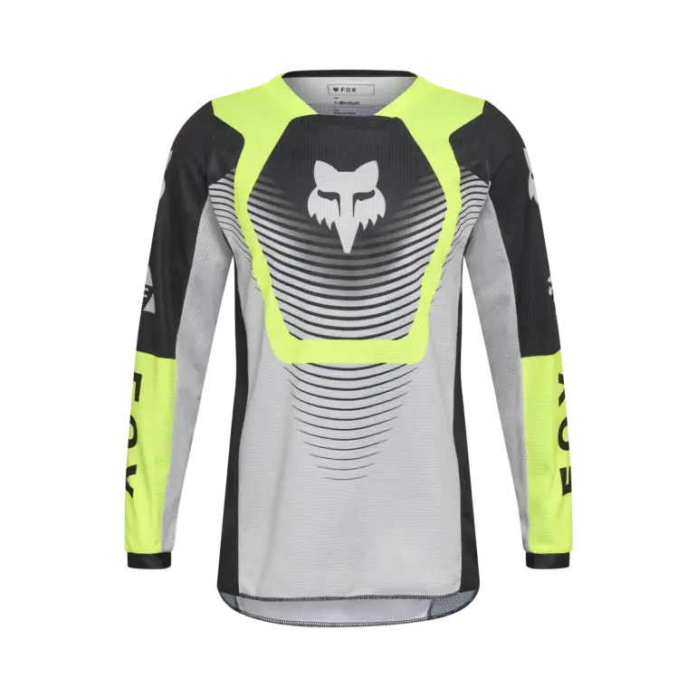 Fox 180 Collect Jersey für Jugendliche in Grau und Gelb, Vorderansicht mit Mesh-Einsätzen und markantem Logo.