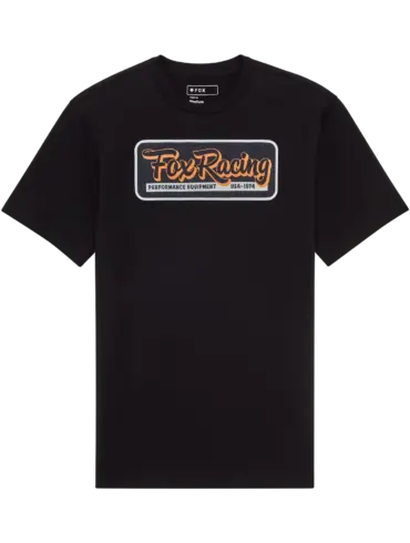 Schwarzes Fox Racing T-Shirt mit orangefarbener Grafik auf der Vorderseite