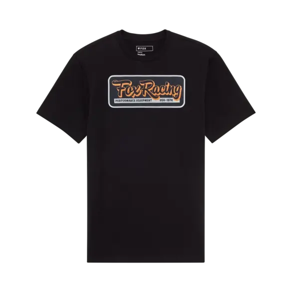 Schwarzes Fox Racing T-Shirt mit orangefarbener Grafik auf der Vorderseite