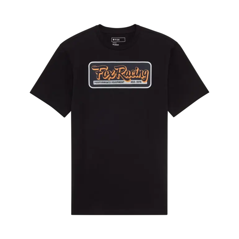 Schwarzes Fox Racing T-Shirt mit orangefarbener Grafik auf der Vorderseite