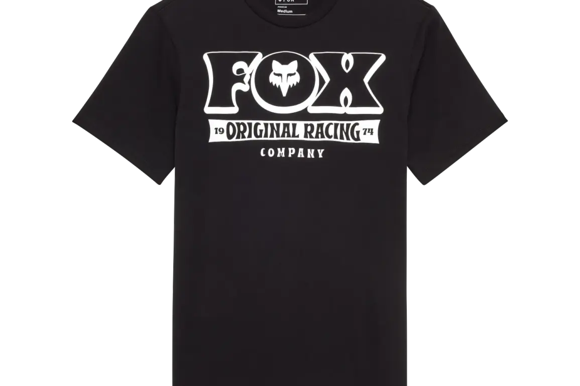 Schwarzes Fox Banner Premium Tee mit weißem Original Racing 74 Print