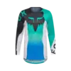 Motocross-Trikot Flexair Spire Jersey in Aqua Blau mit großem Fox-Logo und langen Ärmeln, Frontansicht