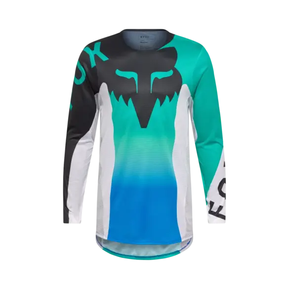 Motocross-Trikot Flexair Spire Jersey in Aqua Blau mit großem Fox-Logo und langen Ärmeln, Frontansicht