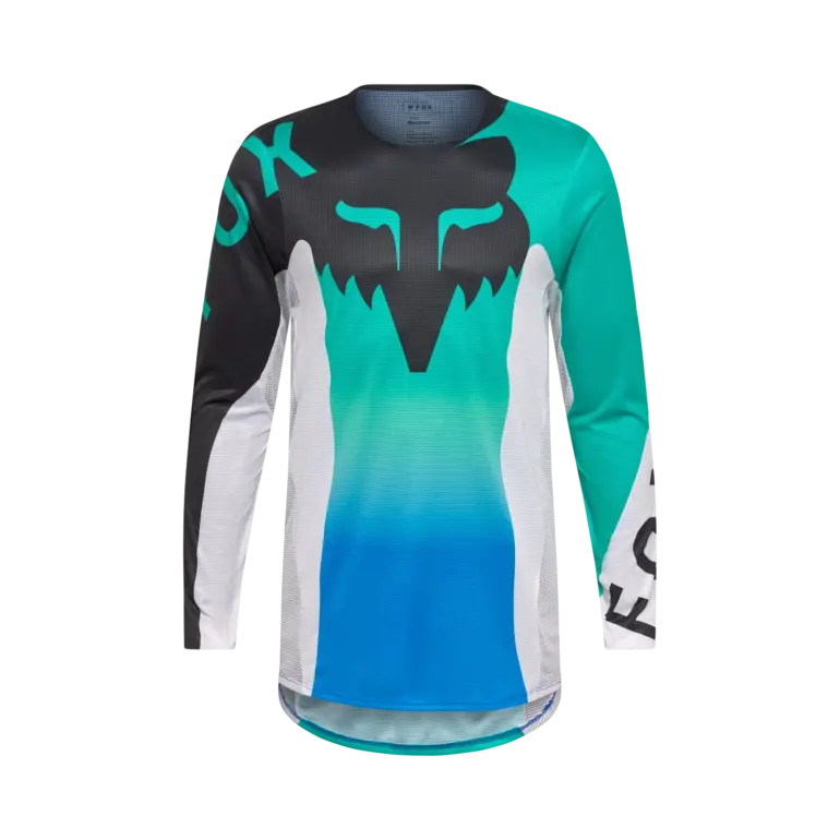 Motocross-Trikot Flexair Spire Jersey in Aqua Blau mit großem Fox-Logo und langen Ärmeln, Frontansicht