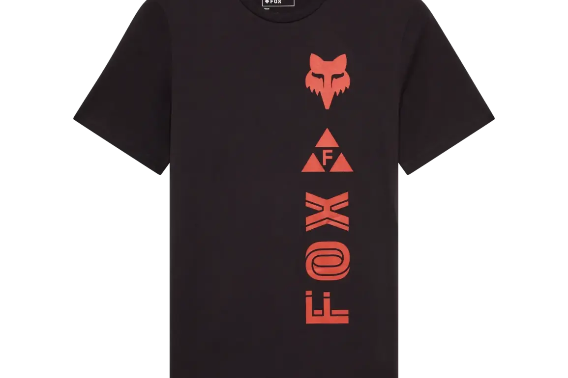 Fox Glyph Tech Tee in Schwarz mit vertikaler roter Fox-Grafik auf der Vorderseite